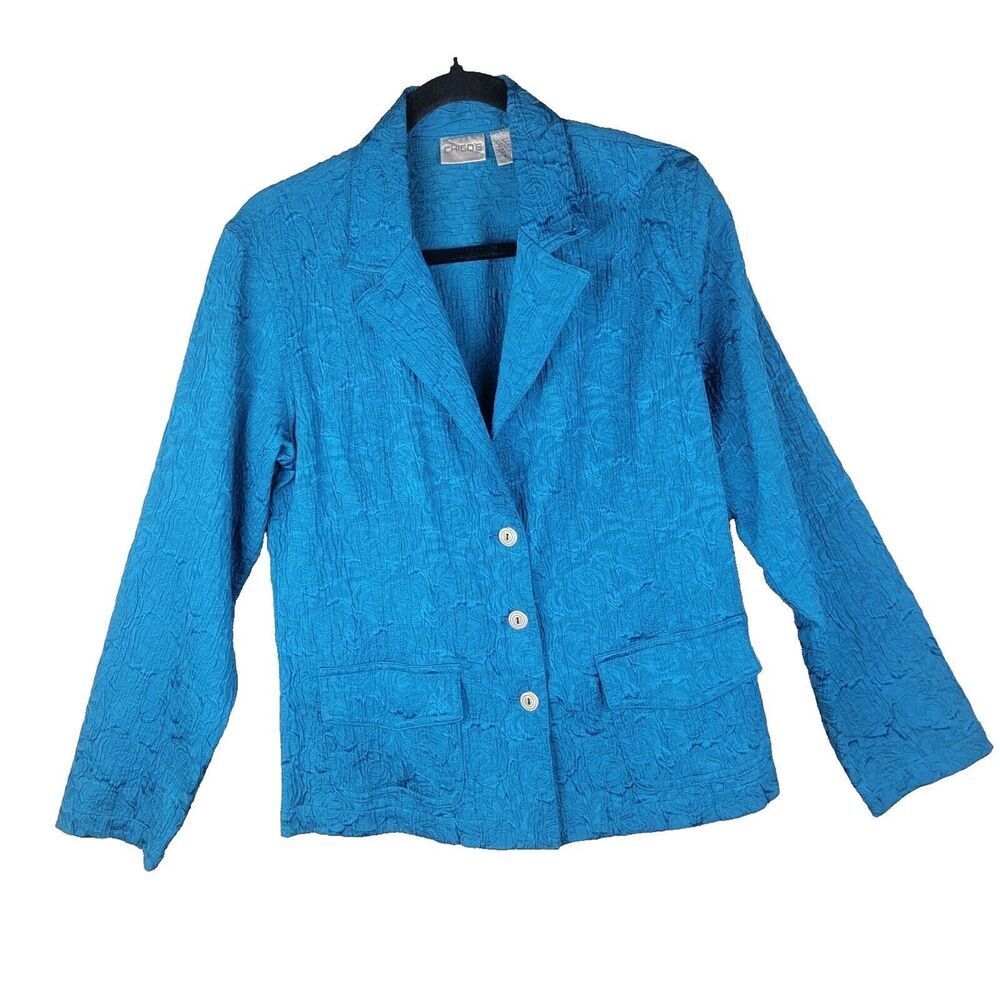 Chicos Blue Textured Crinkle Blazer Jacket Size 1 Button Front